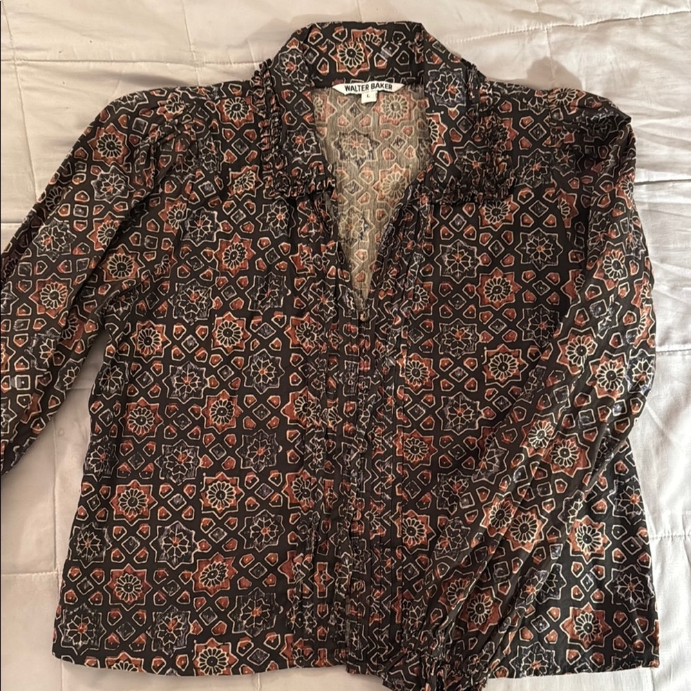Walter Baker Brown and Orange Long Sleeve Notched Collar Blouse